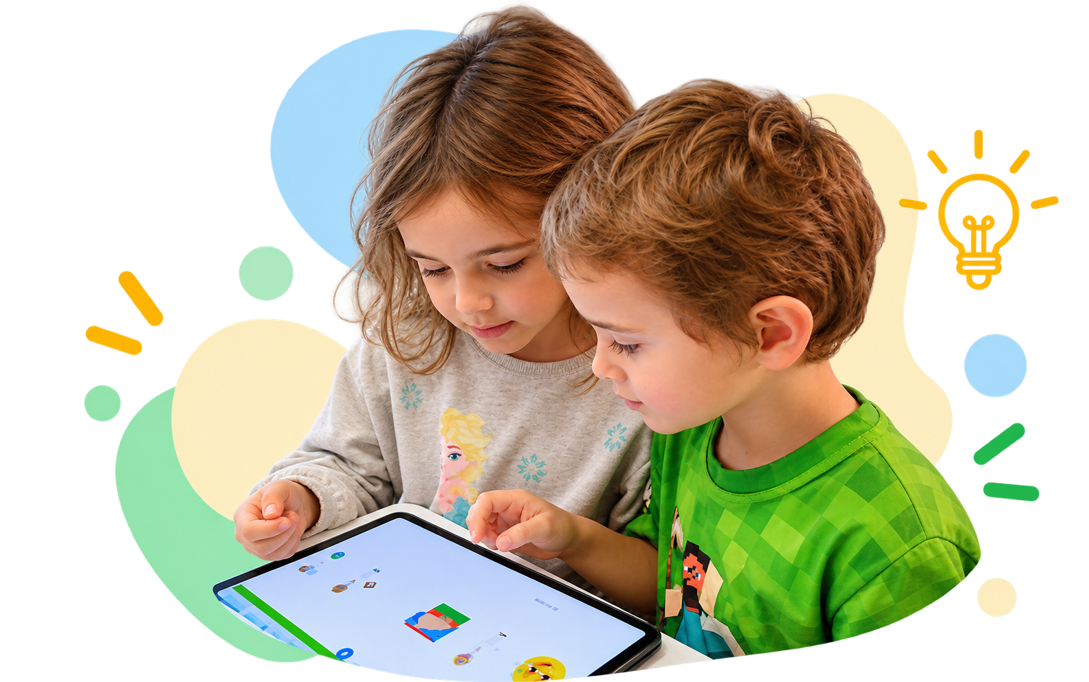 Two children learning math together with Levebee on a tablet