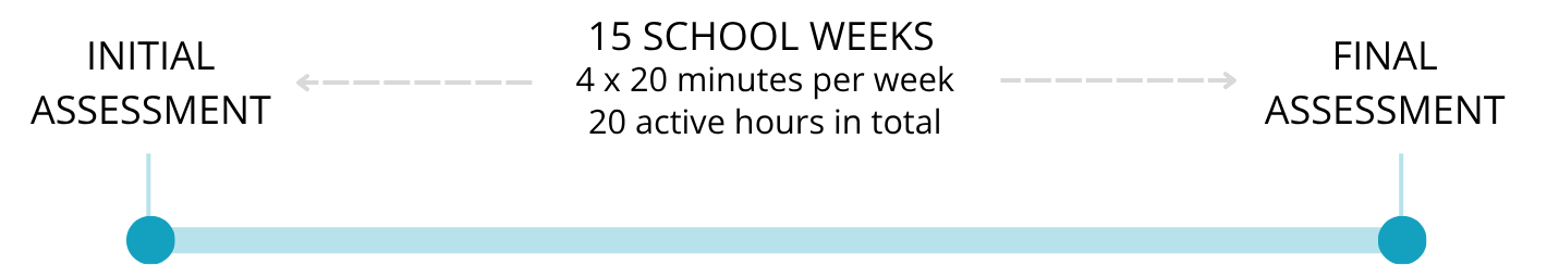 Timeline infographic illustrating a 15-week program from initial to final assessment, featuring 4 sessions per week at 20 minutes each, for a total of 20 active hours.